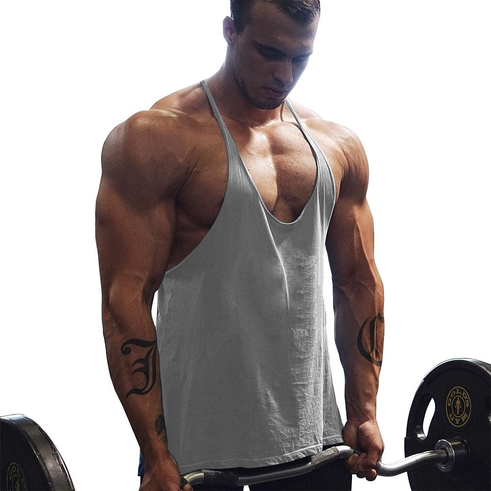 Men's Gym Workout Bodybuilding Cotton Tank Tops Y Back Fitness Thin Shoulder Strap Muscle Fit Stringer Sleeveless Shirt