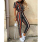 European and American women's casual flip collar buckle printed waistband work suit jumpsuit