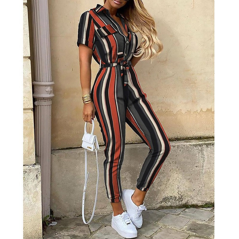 European and American women's casual flip collar buckle printed waistband work suit jumpsuit