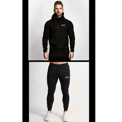 Europe and America Muscle Leisure Sports Fitness Clothing Men's Brother Suit Autumn and Winter Hooded Sweatpants Two Piece Cotton