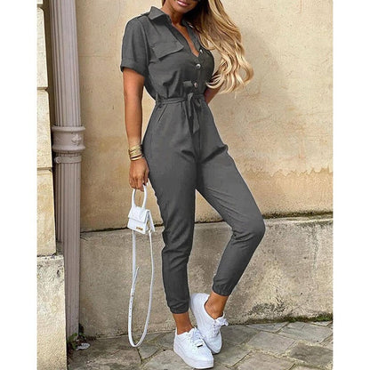 European and American women's casual flip collar buckle printed waistband work suit jumpsuit