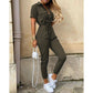 European and American women's casual flip collar buckle printed waistband work suit jumpsuit