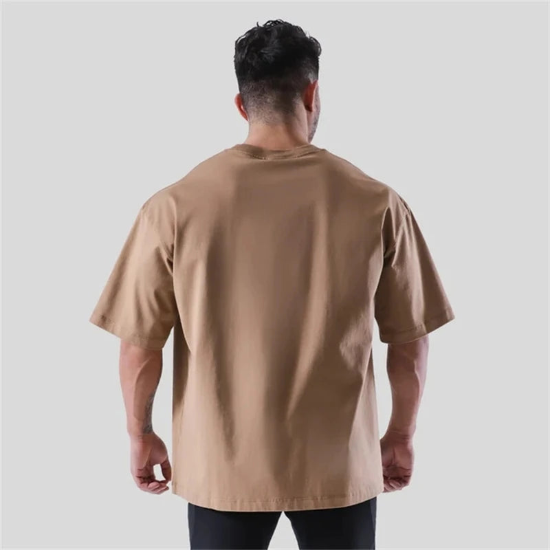 2023 New Men's Cotton Gym Short Sleeve Fitness Oversized T-Shirt Summer Fashion Loose Casual Men's Workout Sports Short Sleeve