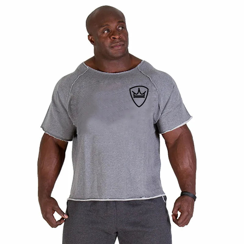 Men Short sleeve Oversized T-shirt GYM Gray Print t shirt Gym Fitness Bodybuilding Workout Tees Tops Male Summer Brand Clothing