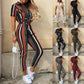 European and American women's casual flip collar buckle printed waistband work suit jumpsuit