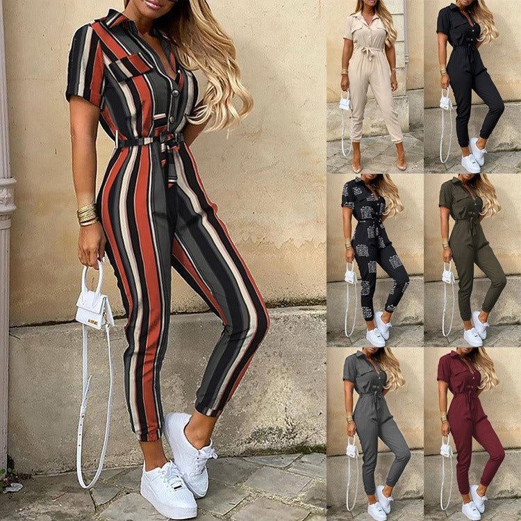 European and American women's casual flip collar buckle printed waistband work suit jumpsuit