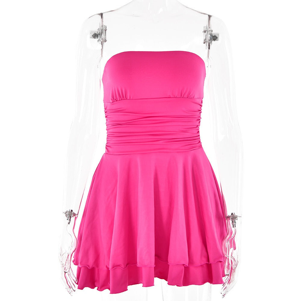 One line neckline strapless high waisted short skirt