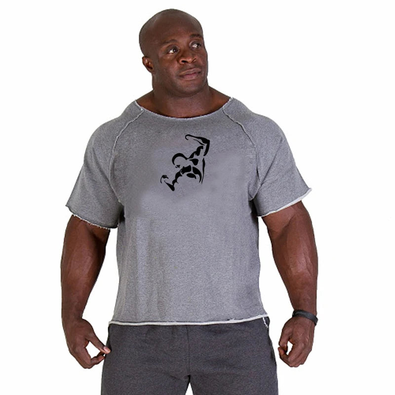 Men Short sleeve Oversized T-shirt GYM Gray Print t shirt Gym Fitness Bodybuilding Workout Tees Tops Male Summer Brand Clothing