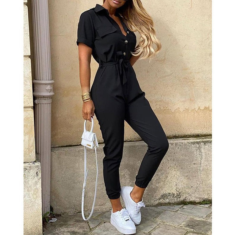 European and American women's casual flip collar buckle printed waistband work suit jumpsuit