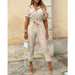 European and American women's casual flip collar buckle printed waistband work suit jumpsuit