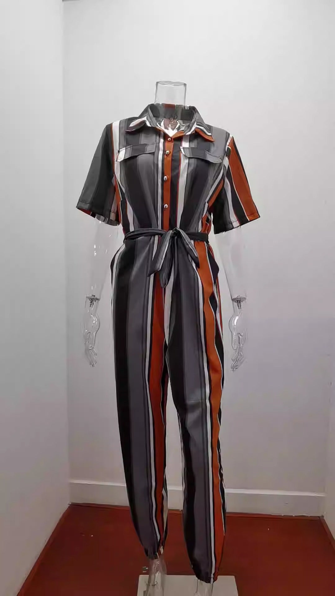 European and American women's casual flip collar buckle printed waistband work suit jumpsuit