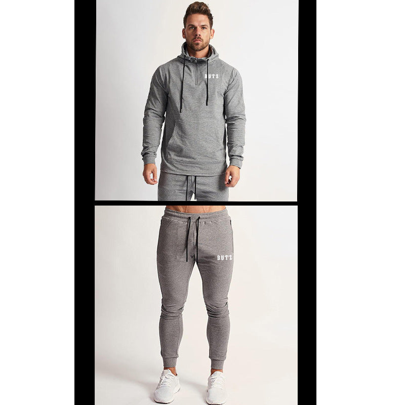 Europe and America Muscle Leisure Sports Fitness Clothing Men's Brother Suit Autumn and Winter Hooded Sweatpants Two Piece Cotton