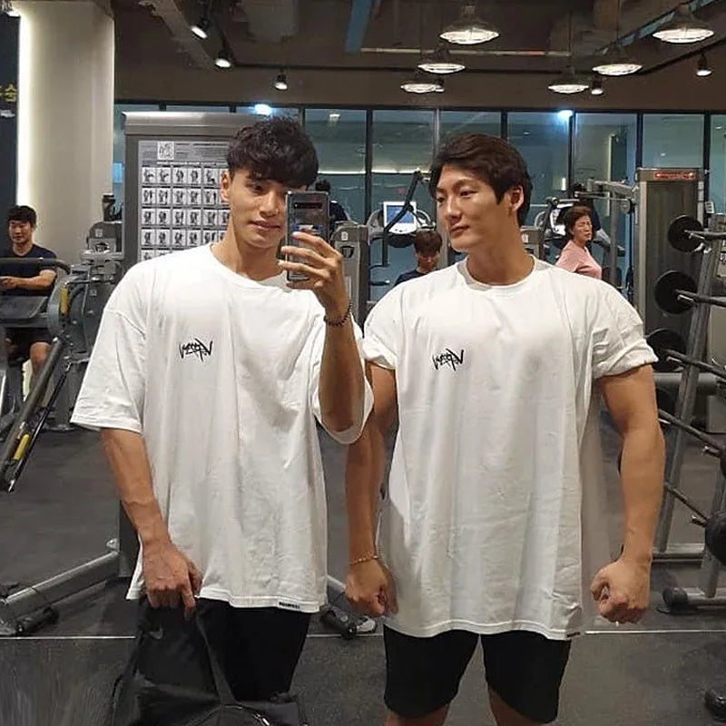 New Men's T Shirt Gym Bodybuilding Clothing Short Sleeve Men Fashion Casual For Male Tops Fitness Oversized Sweatshirt