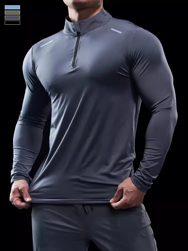 Men Stand collar zipper T-shirt Gym Running Training Fitness Bodybuilding Sport Top Quality elastic long Sleeve tight Tops Tees