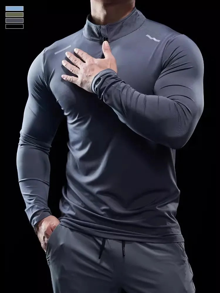 Men Stand collar zipper T-shirt Gym Running Training Fitness Bodybuilding Sport Top Quality elastic long Sleeve tight Tops Tees