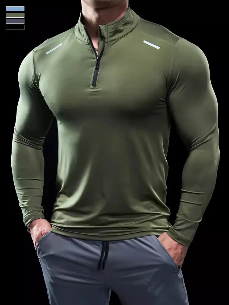 Men Stand collar zipper T-shirt Gym Running Training Fitness Bodybuilding Sport Top Quality elastic long Sleeve tight Tops Tees