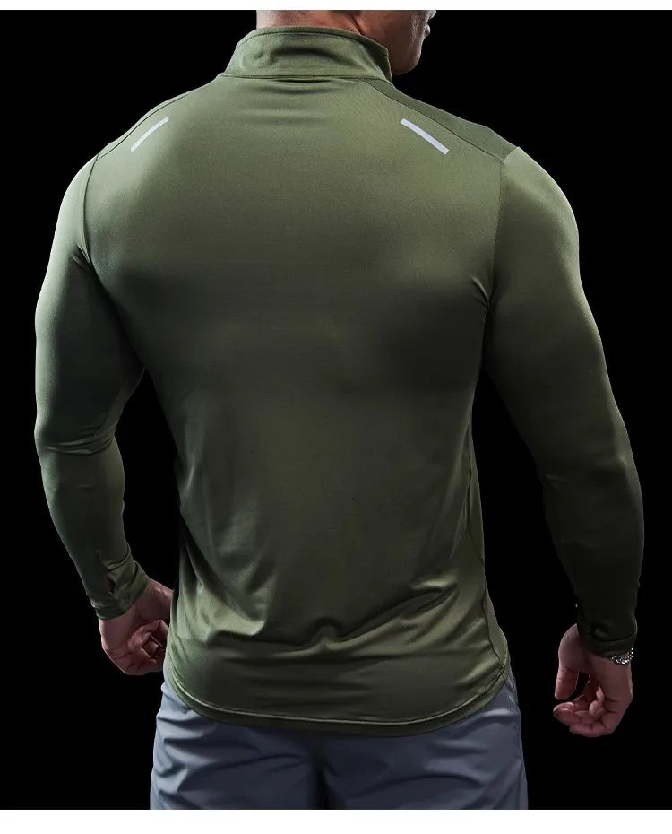 Men Stand collar zipper T-shirt Gym Running Training Fitness Bodybuilding Sport Top Quality elastic long Sleeve tight Tops Tees