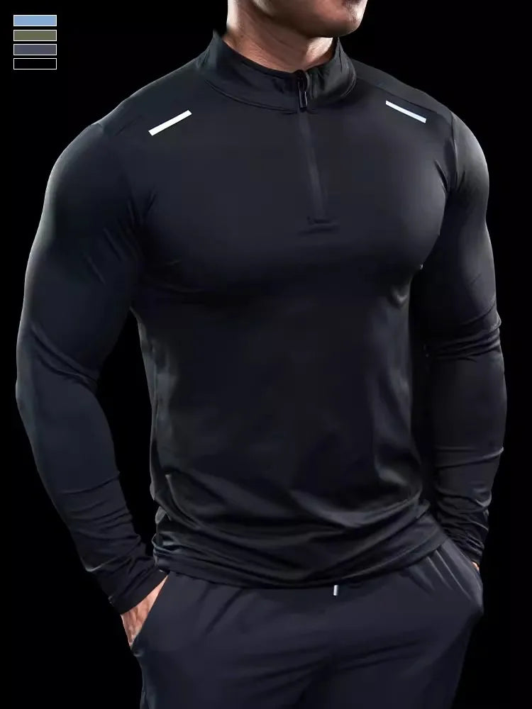 Men Stand collar zipper T-shirt Gym Running Training Fitness Bodybuilding Sport Top Quality elastic long Sleeve tight Tops Tees