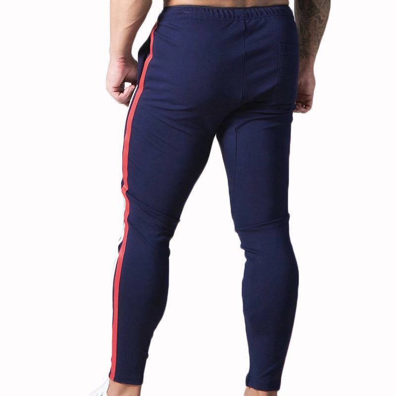 Muscular Men's Tight Trousers Sports and Leisure Sweat-absorbent Contrast Color Zipper Pencil Pants Autumn Jogging Pants Men